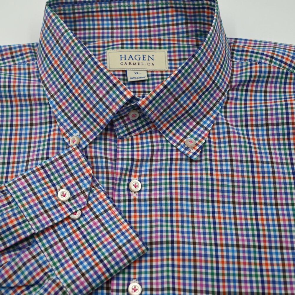 GORGEOUS Hagen Carmel Multicolor Small Check Cotton Man's Shirt XL 17.5x36